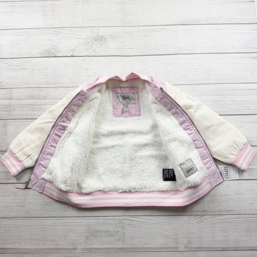 London Fog Girls Varsity Jacket Pink Sherpa Lined Bomber Zip Up NWT 4 - Picture 2 of 5